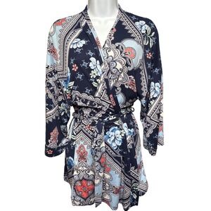 LINEA DONATELLA Navy Blue Paisley Floral Short Wrap Robe Sz S Eclectic Romantic